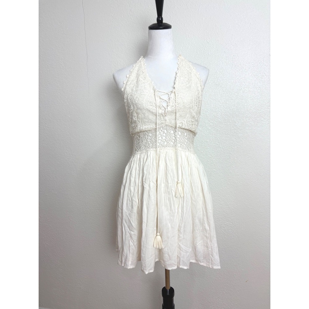 Boho Cream Paisley Lace & Crochet Open Back Mini Dress Size Medium Fairy Wedding